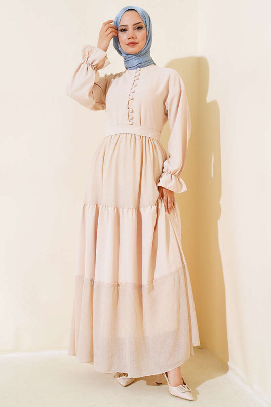 Half Buttoned Honeycomb Lace Dress Beige