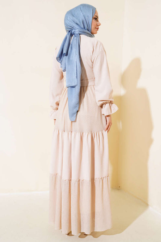 Half Buttoned Honeycomb Lace Dress Beige