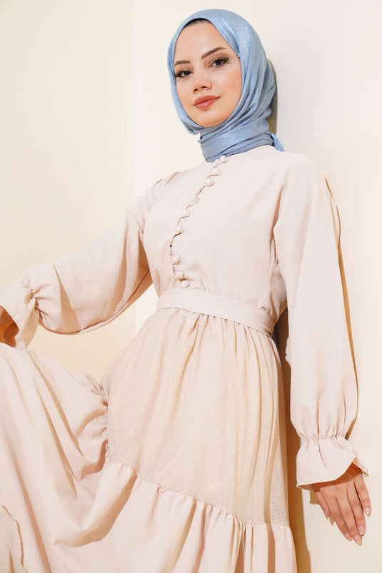 Half Buttoned Honeycomb Lace Dress Beige