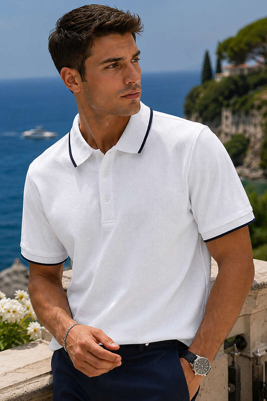 Yarım Düğmeli Polo Yaka Waffle Erkek T-shirt Beyaz