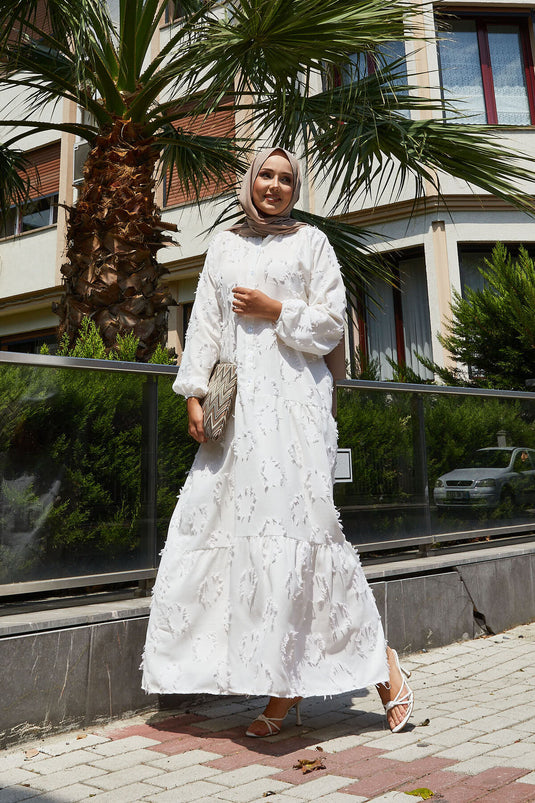 Half Buttoned Tassel Detailed Hijab Dress Ecru