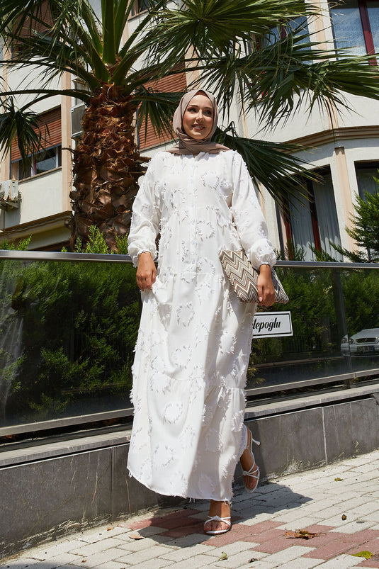 Half Buttoned Tassel Detailed Hijab Dress Ecru