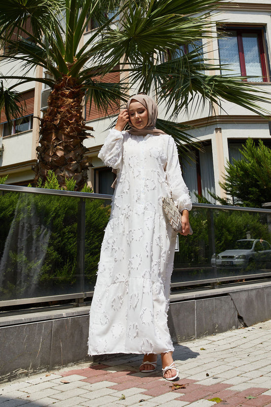 Half Buttoned Tassel Detailed Hijab Dress Ecru