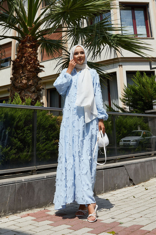 Yarım Düğmeli Püskül Detaylı Tesettür Elbise Mavi