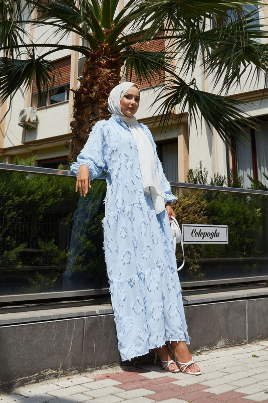 Yarım Düğmeli Püskül Detaylı Tesettür Elbise Mavi