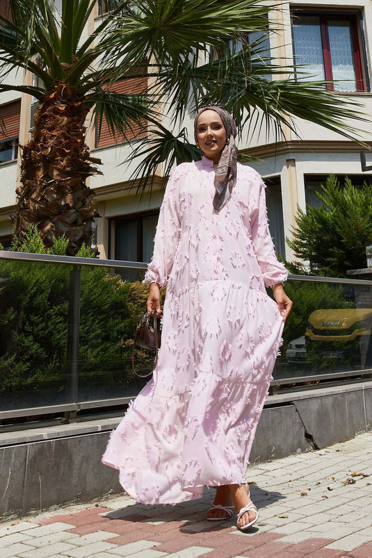Yarım Düğmeli Püskül Detaylı Tesettür Elbise Pembe