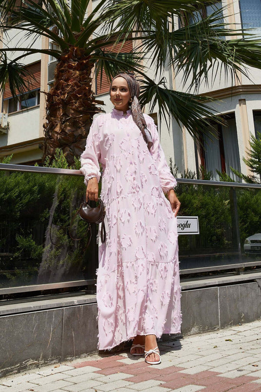 Yarım Düğmeli Püskül Detaylı Tesettür Elbise Pembe