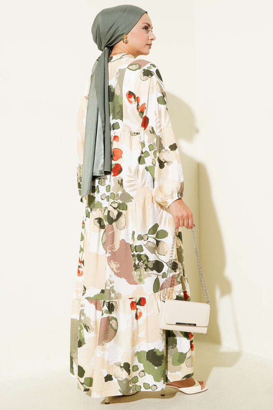 Abito con motivo a foglie colorate e bottoni a metà, color cachi