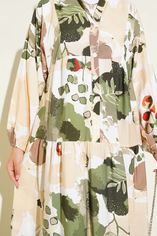 Abito con motivo a foglie colorate e bottoni a metà, color cachi