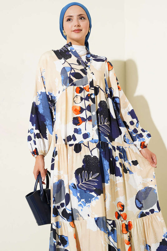 Halbgeknöpftes Kleid mit buntem Blattmuster Blau