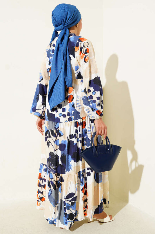 Halbgeknöpftes Kleid mit buntem Blattmuster Blau