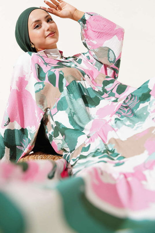 Yarım Düğmeli Renkli Yaprak Desenli Elbise Pembe