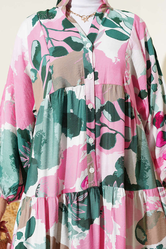 Yarım Düğmeli Renkli Yaprak Desenli Elbise Pembe