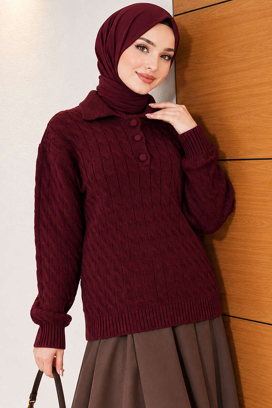 Burgundy Half Button Ribbed Knit Sweater