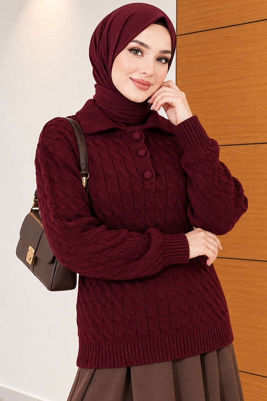 Pull Bourgogne À Demi Boutons Et Rayures