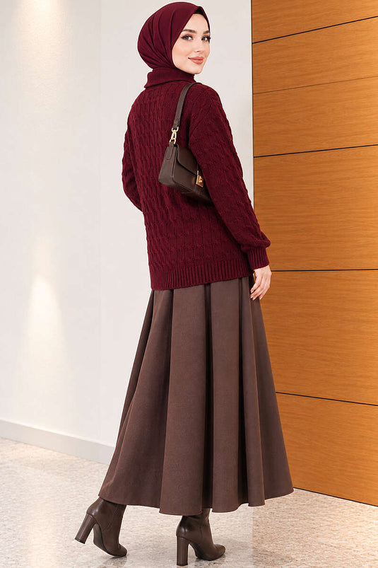 Burgundy Half Button Ribbed Knit Sweater