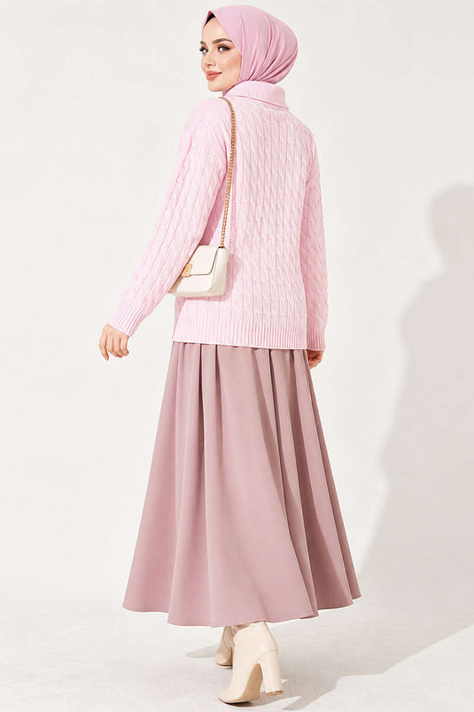 Half Buttoned Ribbed Pattern Pink Knit