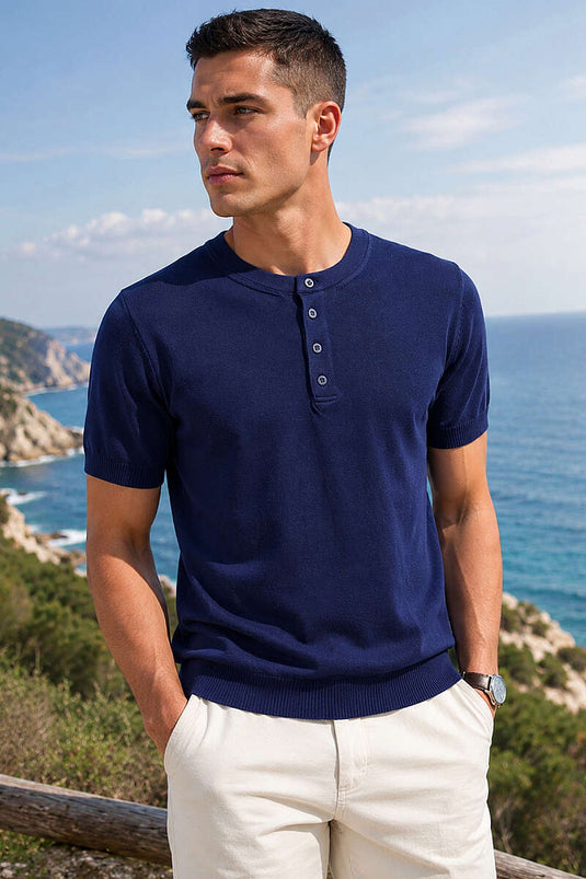 T-shirt en tricot pour homme à demi-boutons bleu marine