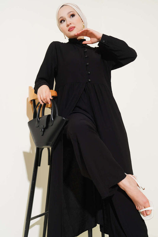Half Buttoned Long Two Piece Suit Black