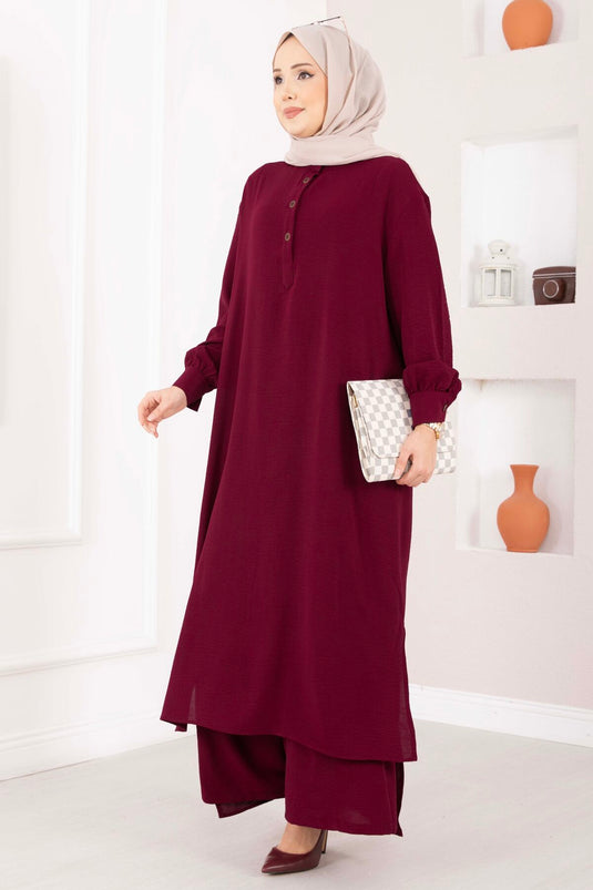 Half-Buttoned Long Modest Two-Piece Set Burgundy