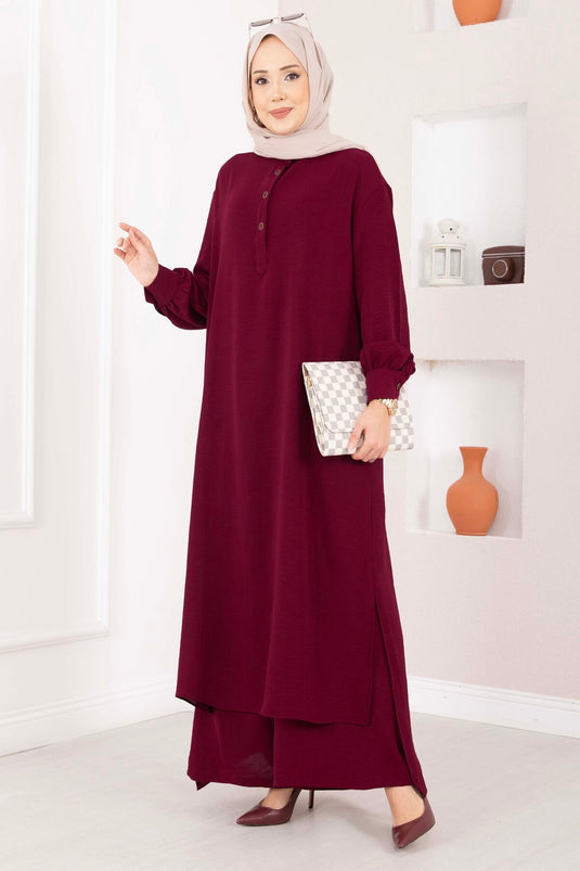 Conjunto doble largo de vestimenta modesta con botones, color burdeos