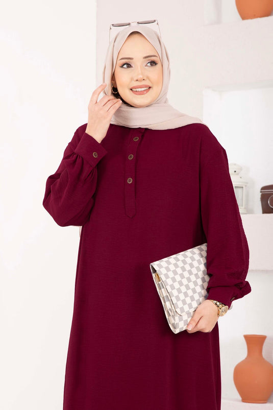 Half-Buttoned Long Modest Two-Piece Set Burgundy