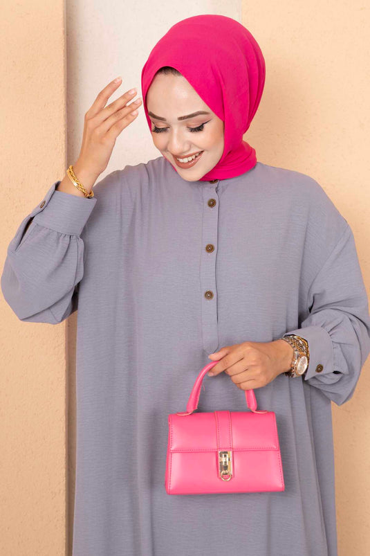 Costume deux pièces gris avec hijab long et demi-boutonné