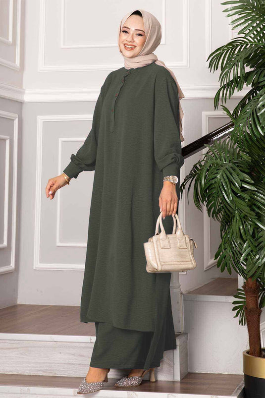 Half Buttoned Long Hijab Two Piece Suit Khaki