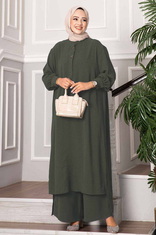 Half Buttoned Long Hijab Two Piece Suit Khaki