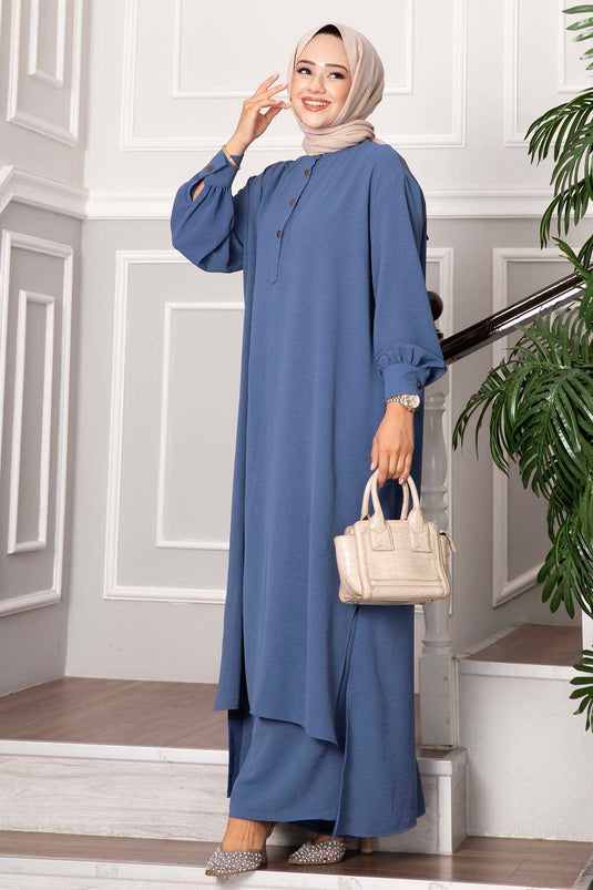 Costume deux pièces long hijab à demi-bouton indigo
