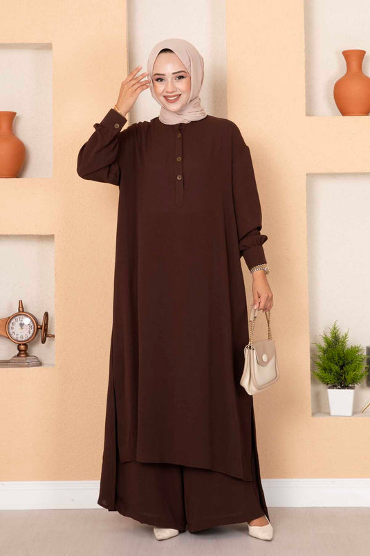 Costume deux pièces long hijab à demi-bouton marron