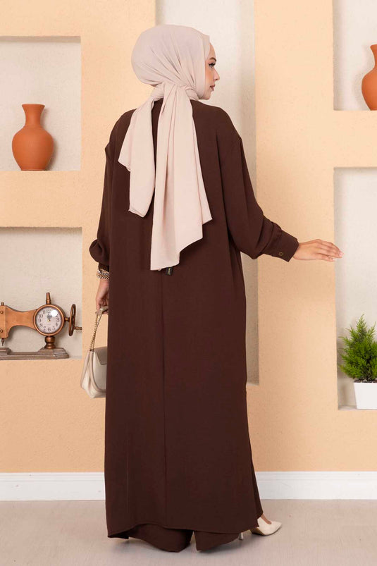 Costume deux pièces long hijab à demi-bouton marron