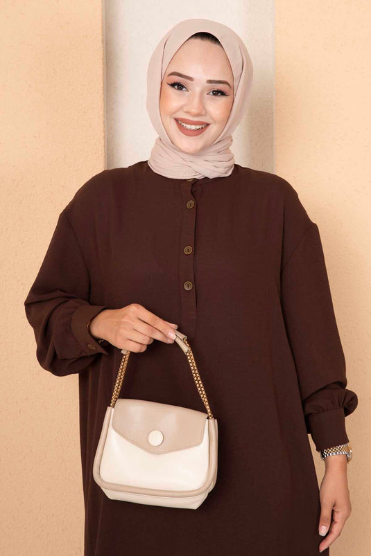 Costume deux pièces long hijab à demi-bouton marron