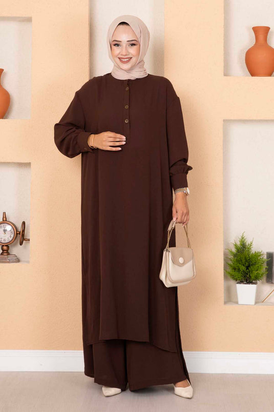 Costume deux pièces long hijab à demi-bouton marron