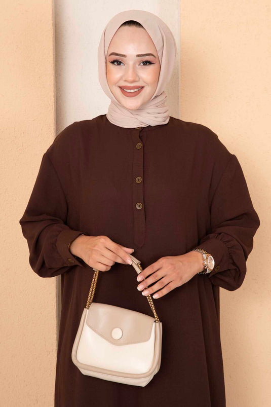 Costume deux pièces long hijab à demi-bouton marron
