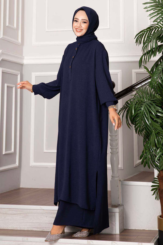 بدلة طويلة بأكمام نصف أزرار من قطعتين باللون الأزرق الداكن