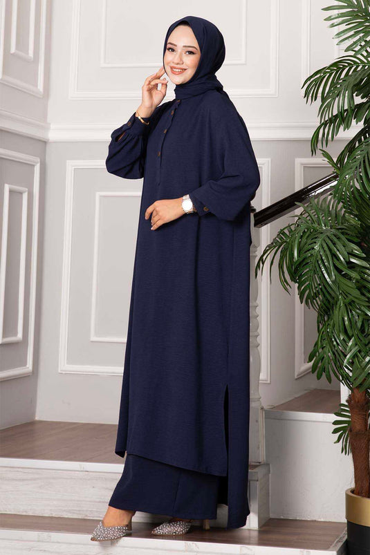Zweiteiliger Anzug mit halb geknöpftem, langem Hijab, marineblau
