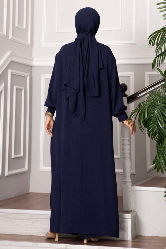 Zweiteiliger Anzug mit halb geknöpftem, langem Hijab, marineblau