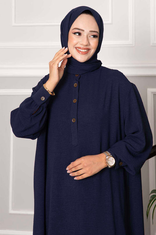 بدلة طويلة بأكمام نصف أزرار من قطعتين باللون الأزرق الداكن