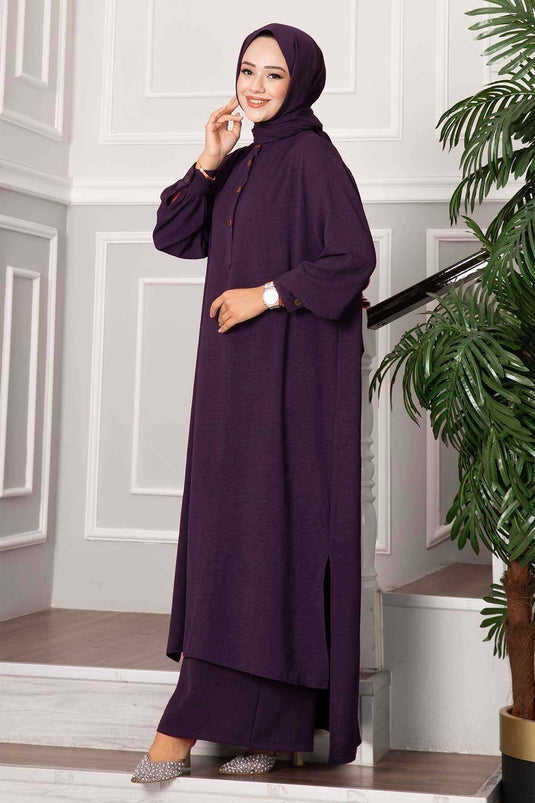 Completo Modesto Lungo con Mezzi Bottoni, Due Pezzi, Color Prugna