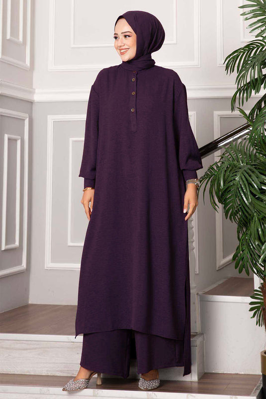 Completo Modesto Lungo con Mezzi Bottoni, Due Pezzi, Color Prugna