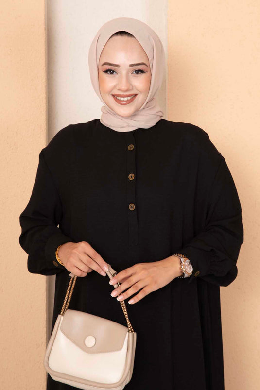 Halb geknöpfter langer Hijab-Doppelanzug in Schwarz