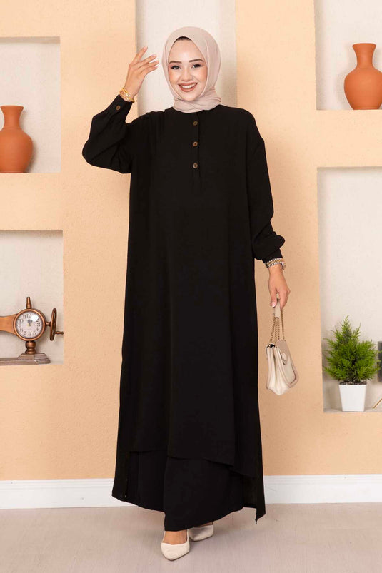 Halb geknöpfter langer Hijab-Doppelanzug in Schwarz