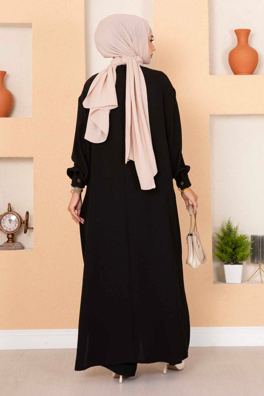 Halb geknöpfter langer Hijab-Doppelanzug in Schwarz
