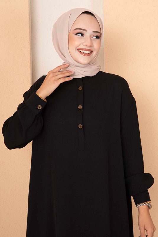 Halb geknöpfter langer Hijab-Doppelanzug in Schwarz