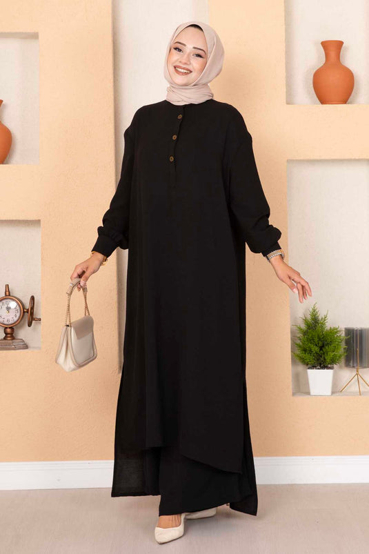 Halb geknöpfter langer Hijab-Doppelanzug in Schwarz