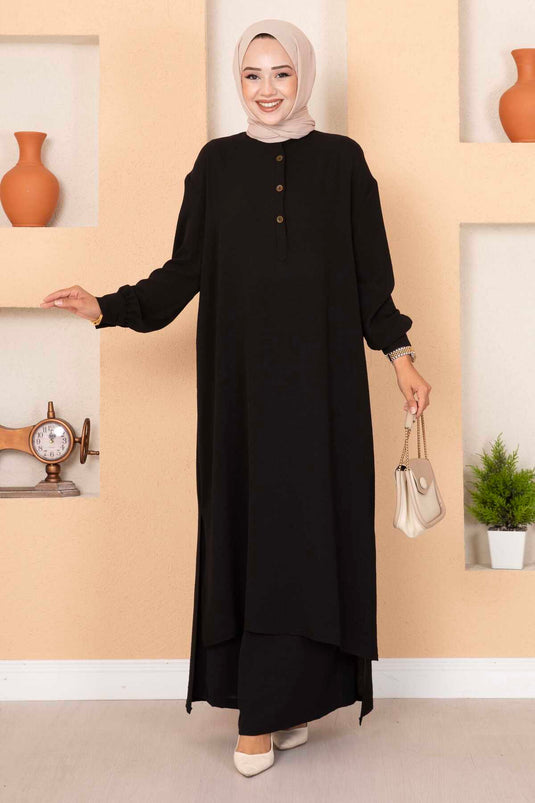 Halb geknöpfter langer Hijab-Doppelanzug in Schwarz