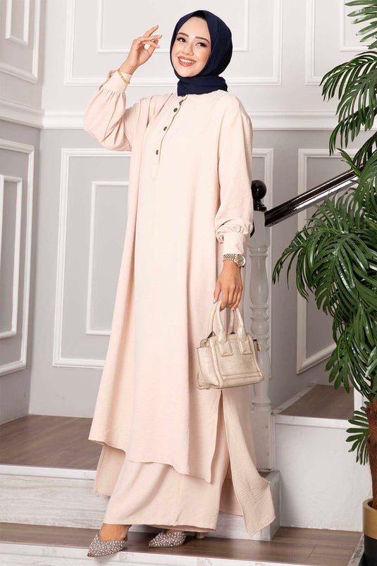 Ensemble long à double boutonnière pour voile intégral, couleur pierre