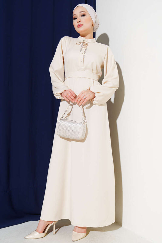 Stringkleid mit Halbknopfkragen Beige