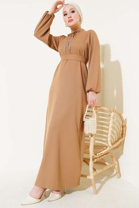 Robe à cordon avec col à demi-boutons Camel